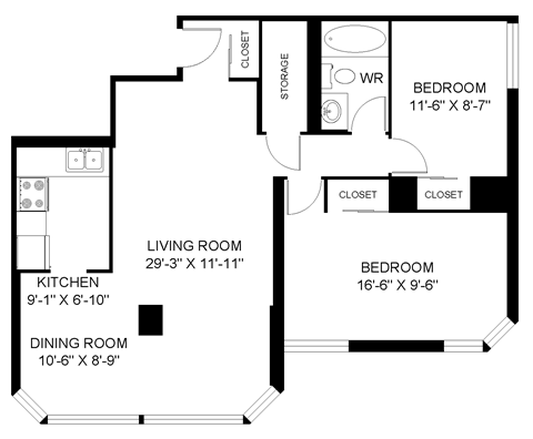 Floor plan for 2 beds, 1 bath, 937 sqft
